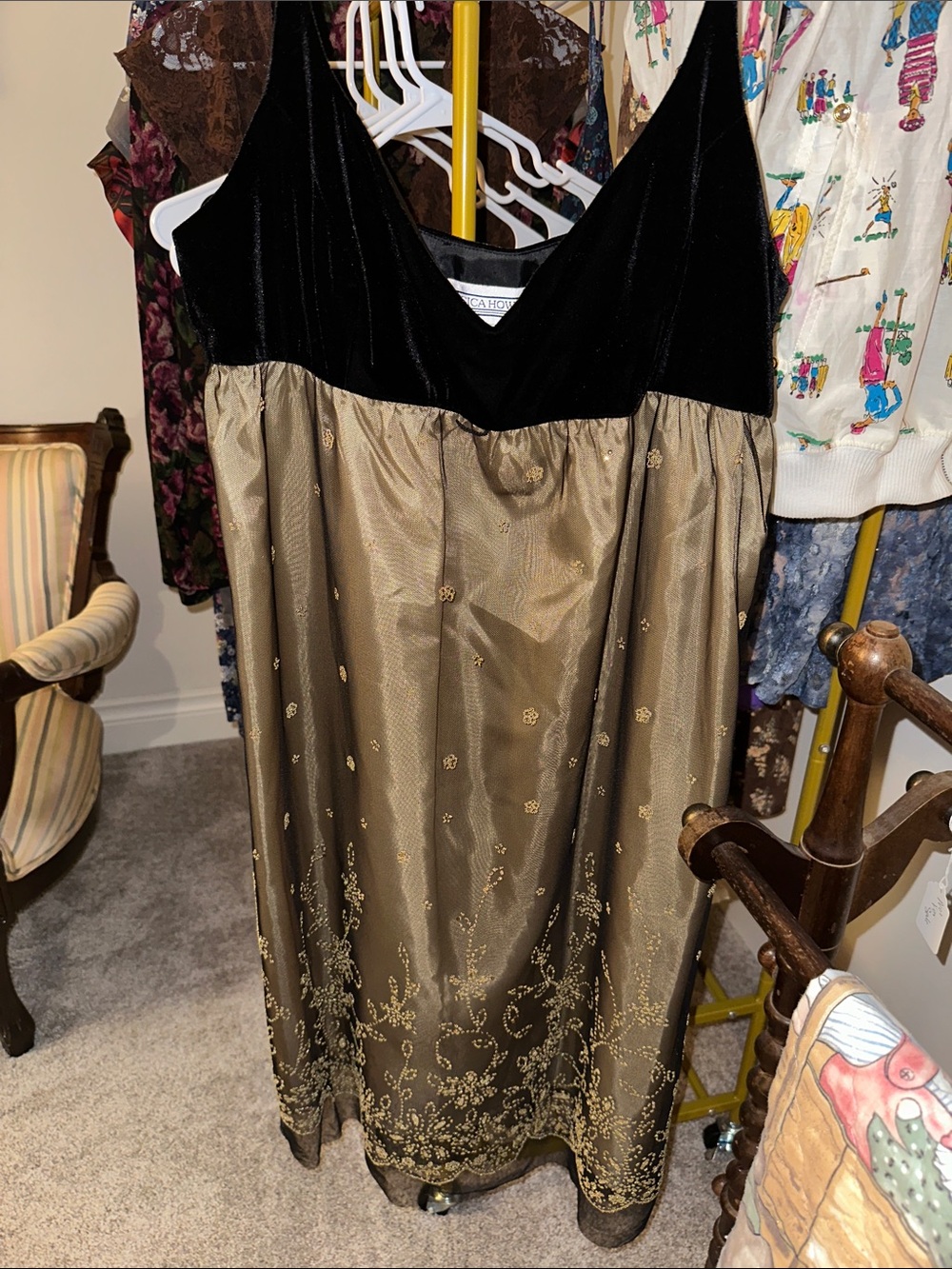 Jessica Howard Black Velvet Bodice with Gold Embroidered Skirt Midi Dress